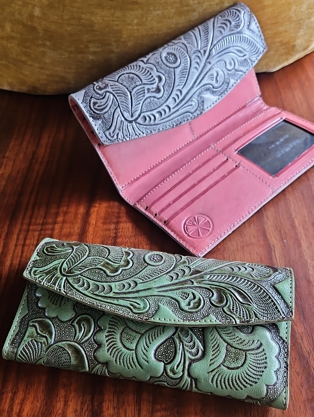 Hand-Tooled Leather Women's Wallet Clutch - Green & Grey Pink